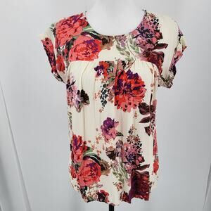 Andree by Unit Blouse Womens Small Floral Rayon Short Sleeve Top Cream Red Purpl